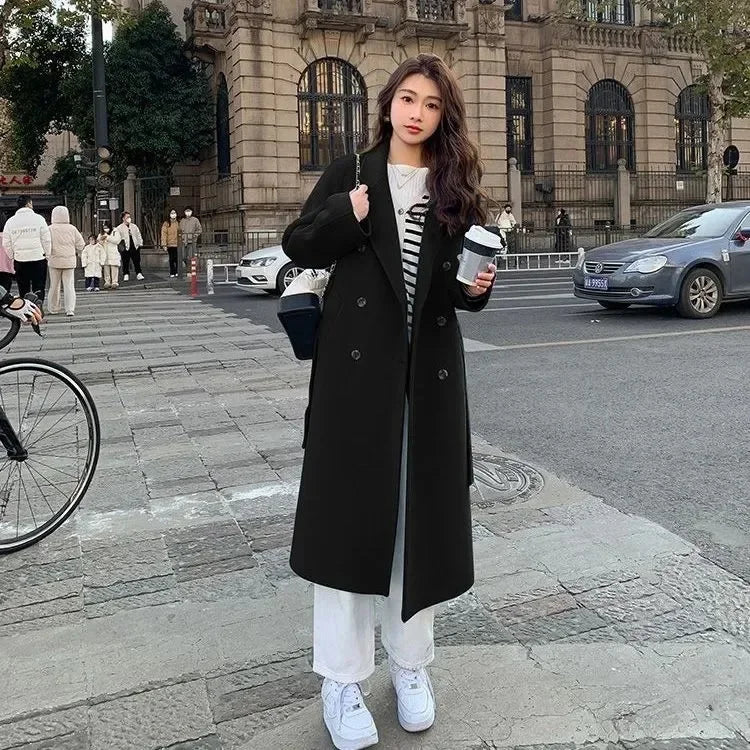 Blue Korean Style Woolen Coat Loose Women's Fashion Autumn Winter New Arrival Medium Length Belted Outerwear for Ladies | Women's Fashion