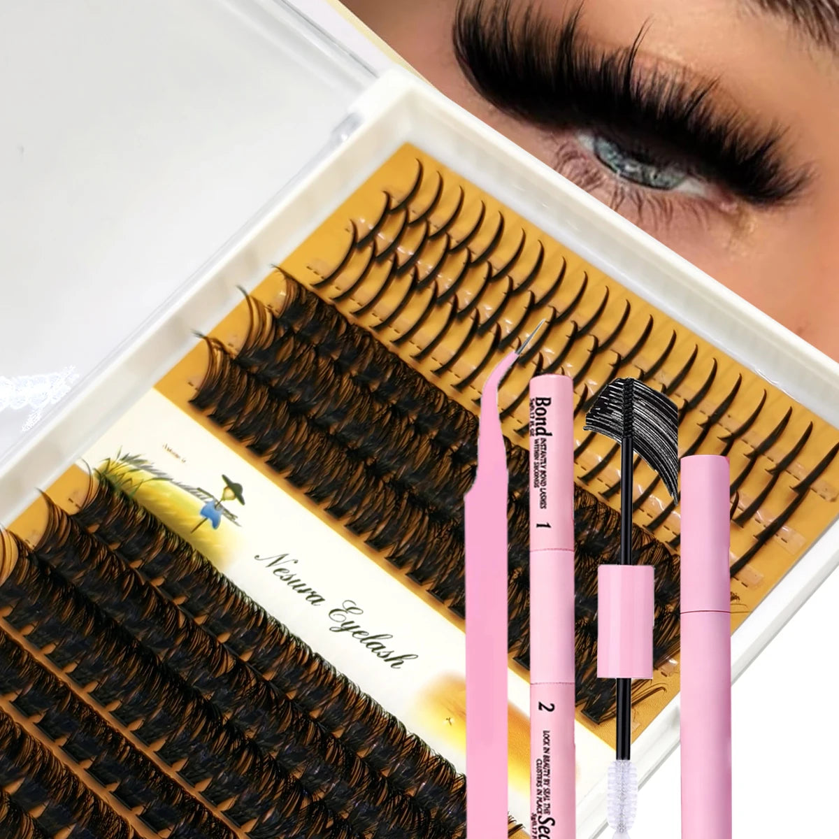 HBZGTLAD 12rows DIY Lash Extension Kit D Curl Spikes60D80D100DMIXC Dwith black Waterproof Lash Bond and Seal Waterproof Tweezers