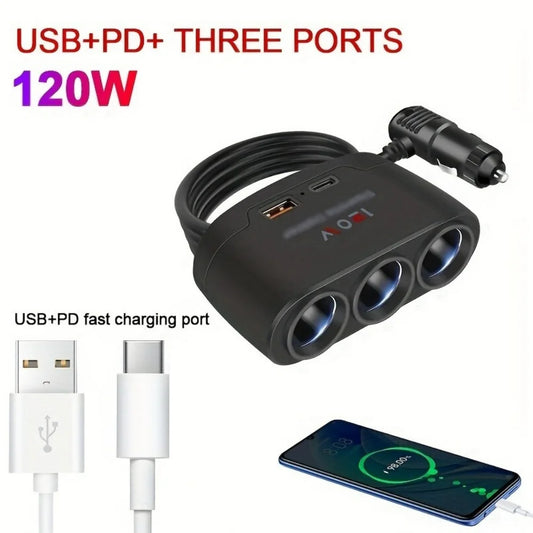 120W 3 In 1 Fast Charge Car Mobile Phone Charger Cigarette Lighter Adapter Fast Charging Plug Phone Power Adapter For Car DVR GP