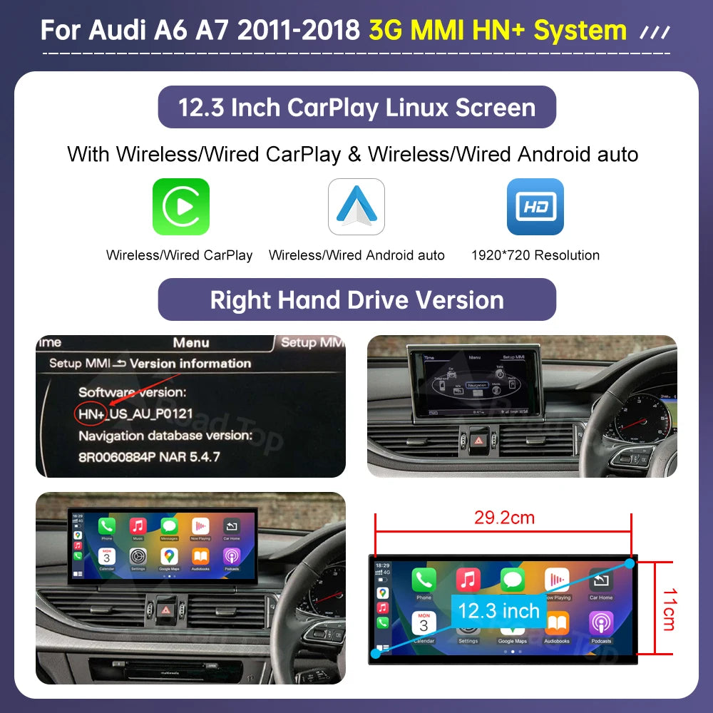 Road Top 12.3" Linux Screen For Audi A6 C6 A7 C7 2011-2018 with Wireless CarPlay Android Auto Airplay Car Radio Player