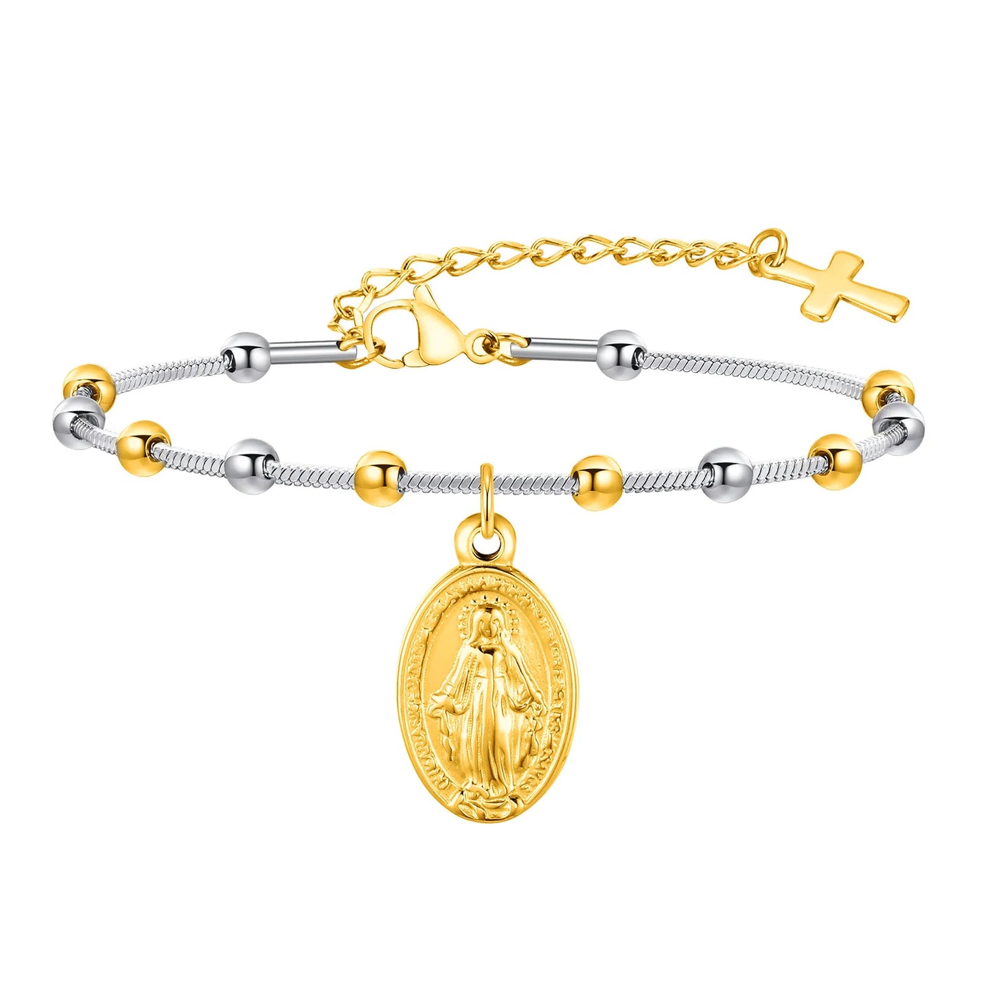 Vnox Rosary Bracelet for Women Girls, Gold Plated Stainless Steel Religious Cross and Virgin Mary Prayer Bracelets Gifts