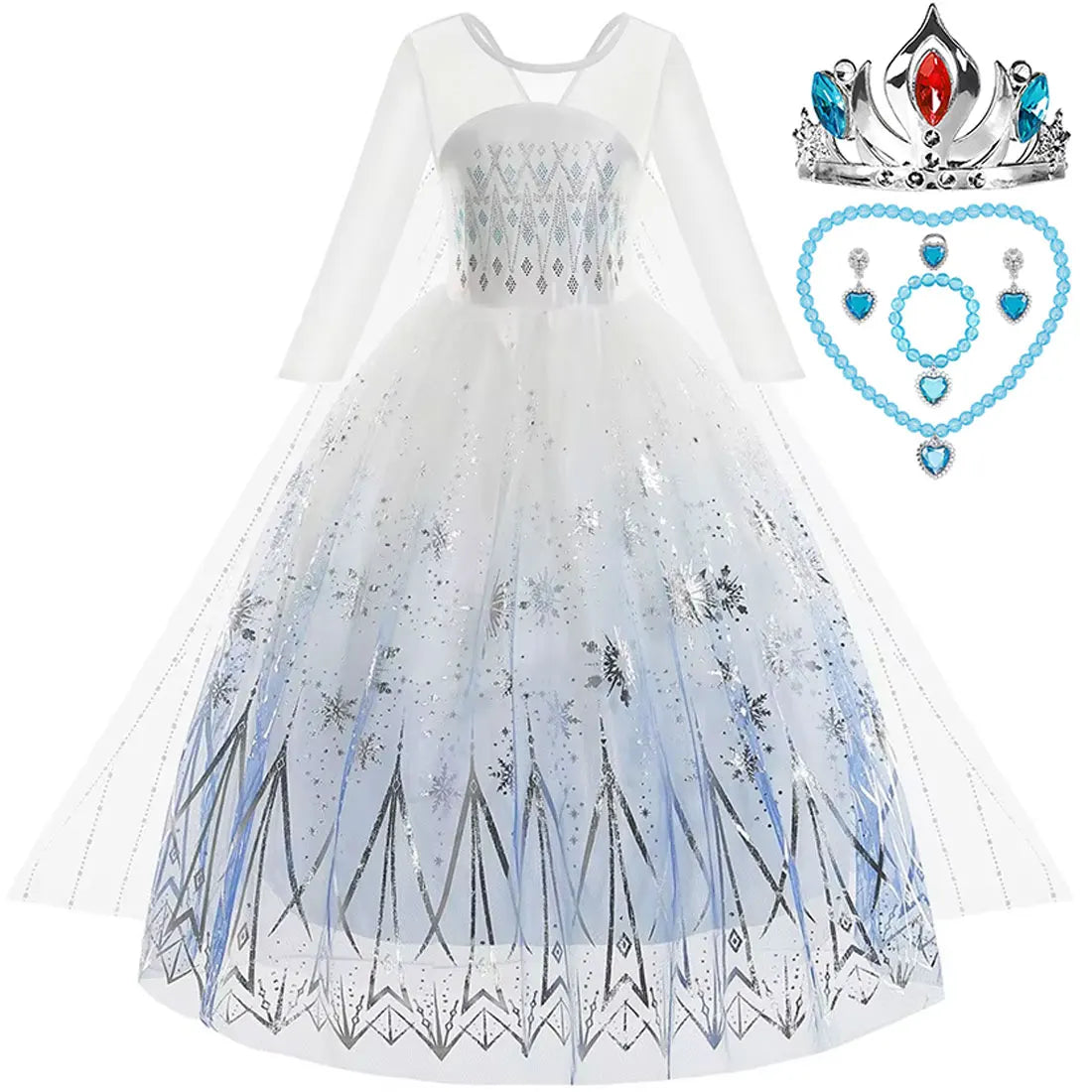 Disney Elsa Princess Dress For Girl White Printed Long-Sleeved Lace Dress Festive Party Gift Set Frozen Dress Fire Spirit Olaf