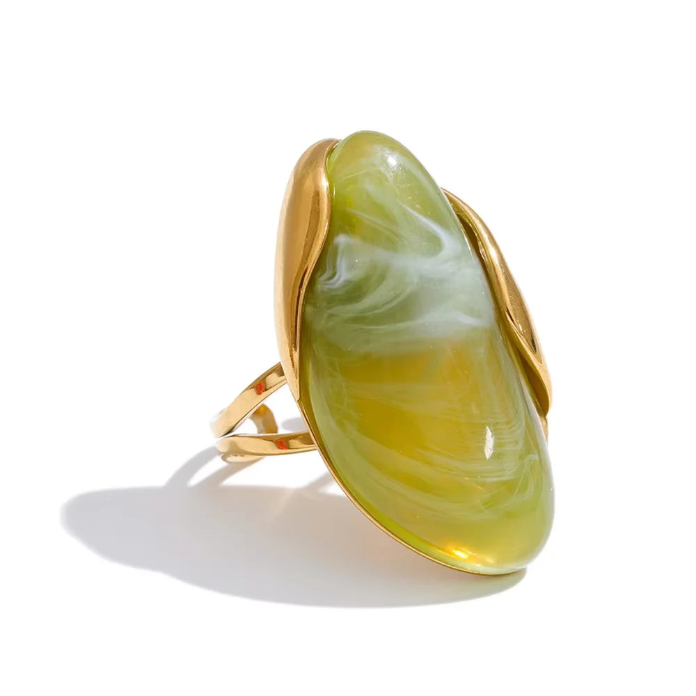 Yhpup New Design Brown Green Beige Resin Geometric Adjustable Ring Golden PVD Stainless Steel Rust Proof Finger Jewelry Gift
