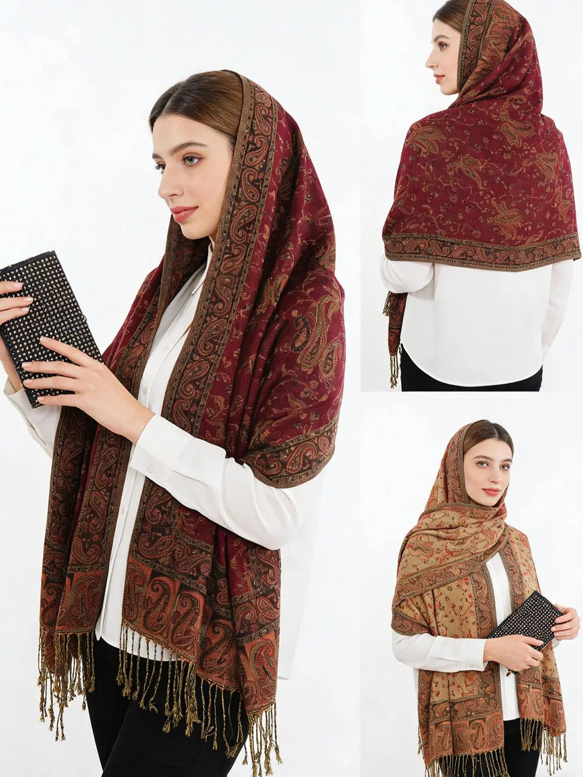 A ladies' paisley cashew jacquard Bohemian style long tassel windproof shawl scarf suitable for daily travel, photography, and w