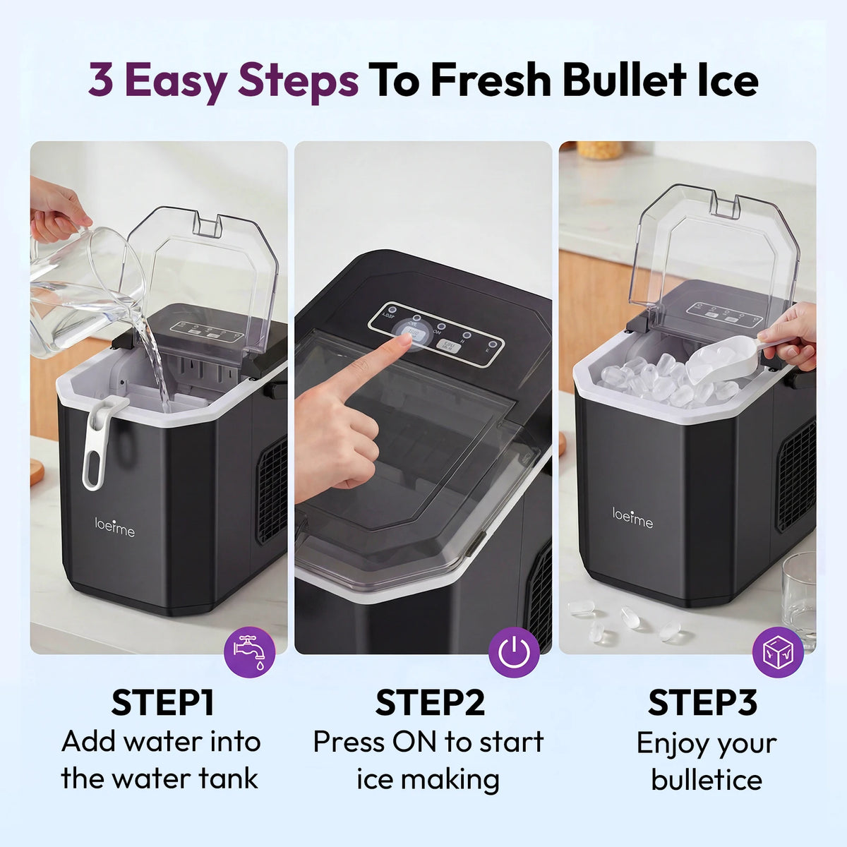 LOEFME 12kg/24h Electric Ice Maker Machine Bullet Ice 6 Mins 9pcs Ice Cubes Self-Cleaning Ice Maker for Home Cafes Camping Party