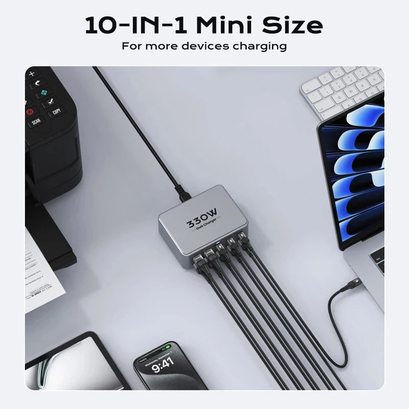 330W GaN USB C Charger, 100W PD3.0 PPS Fast Charging Station with 4-Port (3x USB-C, 1x USB-A). Compact Desktop Power Adapter for