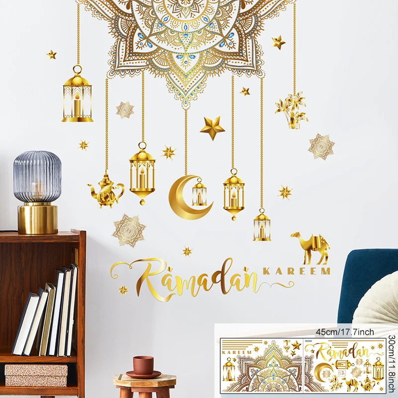 Eid Mubarak Wall Stickers Moon Star Lantern Ramadan Kareem Wall Decals Muslim Islamic Window Sticker Decorations for Home 2026