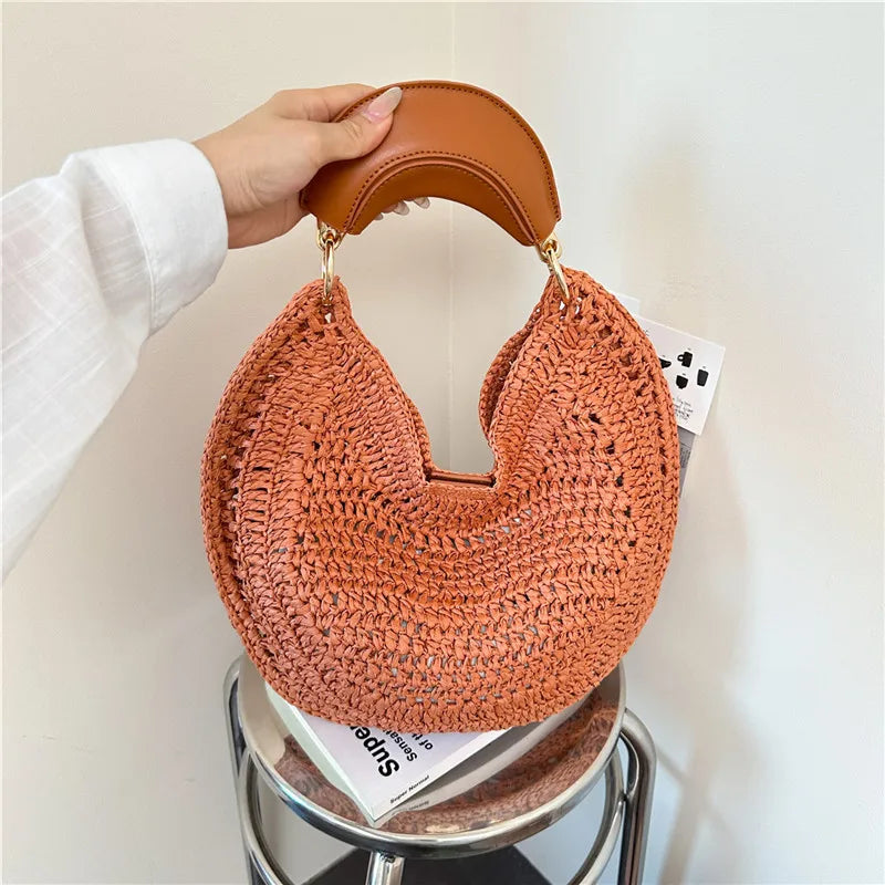 Boho Handwoven Straw Hobo Tote Bag Women Crescent Moon Shape Top Handle Basket Purse Summer Hollow Out Woven Handbag