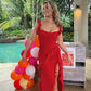Sexy Strap Fungus High Slit Dress Red Backlesss Elegant Patchwork Women's Summer Long Lace Dress Party Date 2026 Spring Sexy