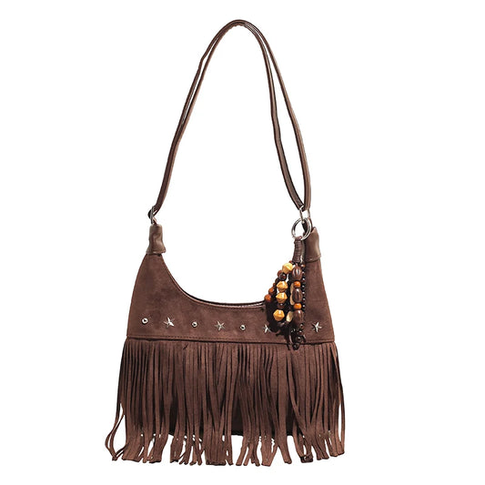 Vintage Fringe Crossbody Bag Fashion Suede Handbag Trendy Tassel Crescent Bag for Women Luxury Work Shopping Travel Winter Fall