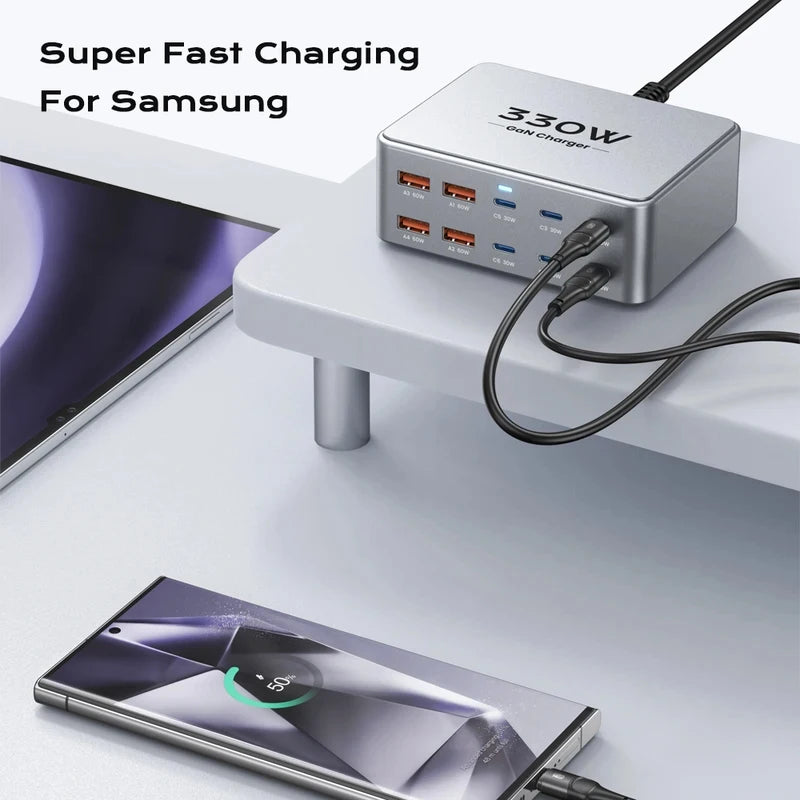 330W GaN USB C Charger, 100W PD3.0 PPS Fast Charging Station with 4-Port (3x USB-C, 1x USB-A). Compact Desktop Power Adapter for