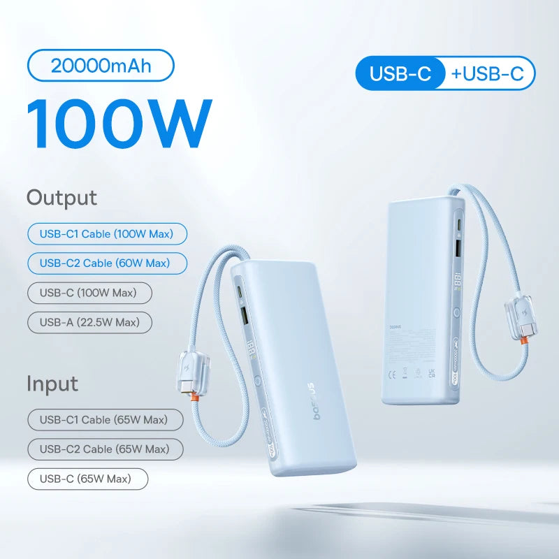 Baseus 145W Power Bank 25000mAh Fast Charging Built-In Type-C Cable Portable Battery Charger for iPhone Samsung MacBook Tablet