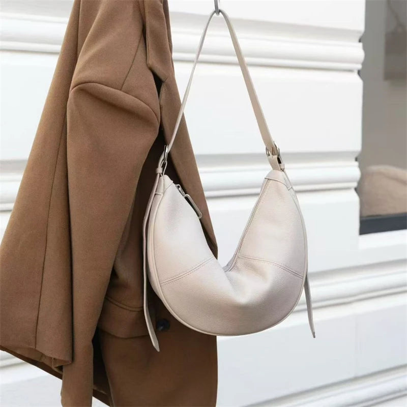 BURMINSA Soft Genuine Leather Crescent Hobo Bag For Women Slouchy Cowhide Shoulder Bag Retro Daily Work Crossbody Purse Handbags