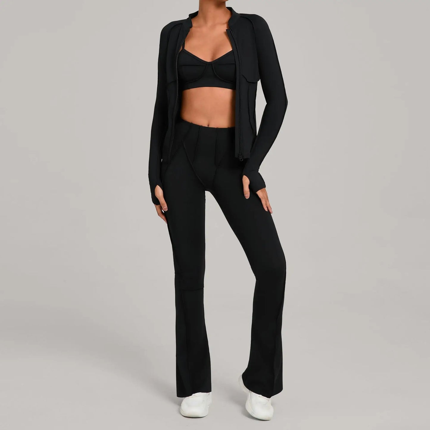 3PCS Women's Seamless Yoga Sets Sports Jackets Bra Flared-pants Suits Slim Fit Hip-Lifting Tracksuits Fitness Gym Workout Sets