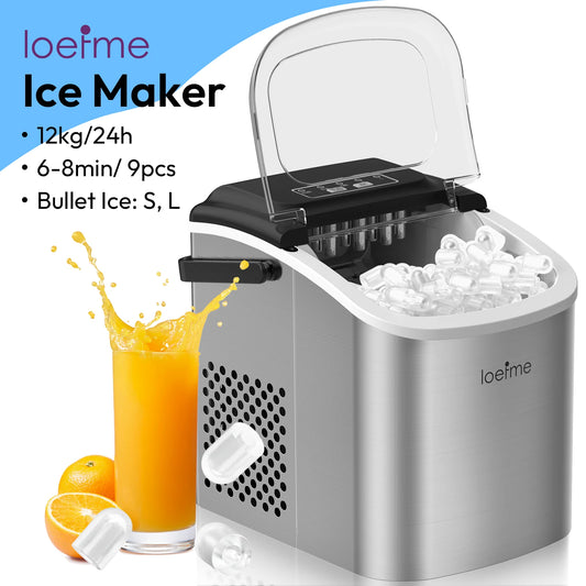 LOEFME 12kg/Day Portable Ice Maker 6 Mins Quick Ice 9pcs Bullet Ice Fully Automatic Self-Cleaning Ice Machine for Home Kitchen
