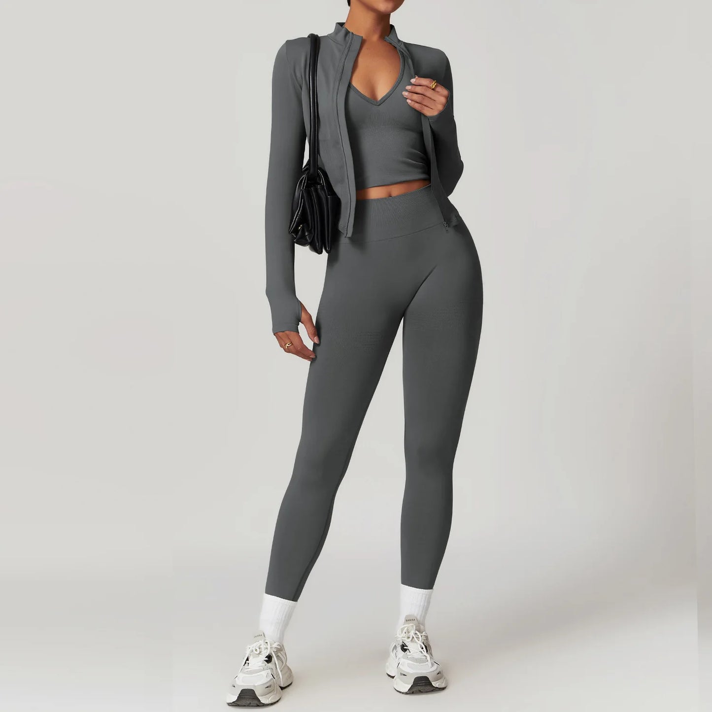 Seamless Yoga Set 3PCS Women Sportswear Workout Clothes Athletic Wear Gym Legging Fitness Bra Crop Top Long Sleeve Sports Suits