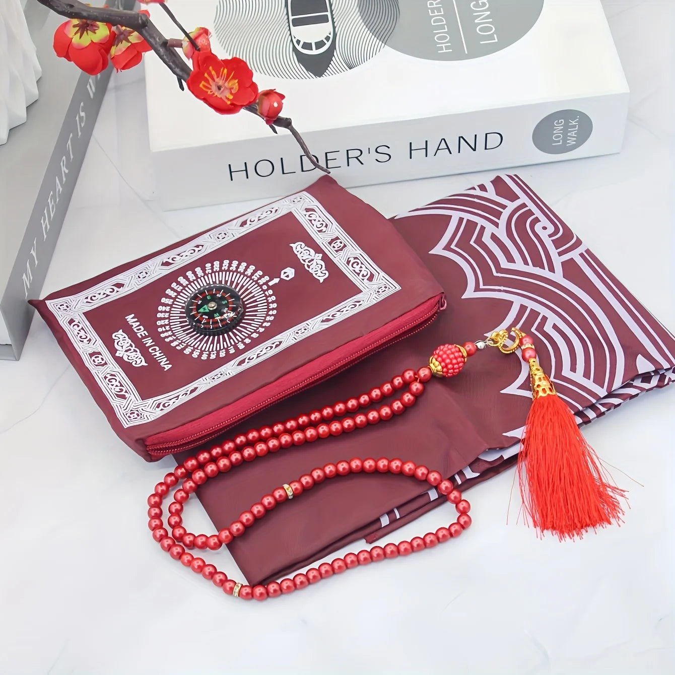1-Set Islamic Prayer Mat & Bead Set with Small Bag - Portable Ramadan Prayer Suitable, Travel - Islamic Gift for Muslim Weddings