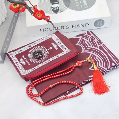 1-Set Islamic Prayer Mat & Bead Set with Small Bag - Portable Ramadan Prayer Suitable, Travel - Islamic Gift for Muslim Weddings