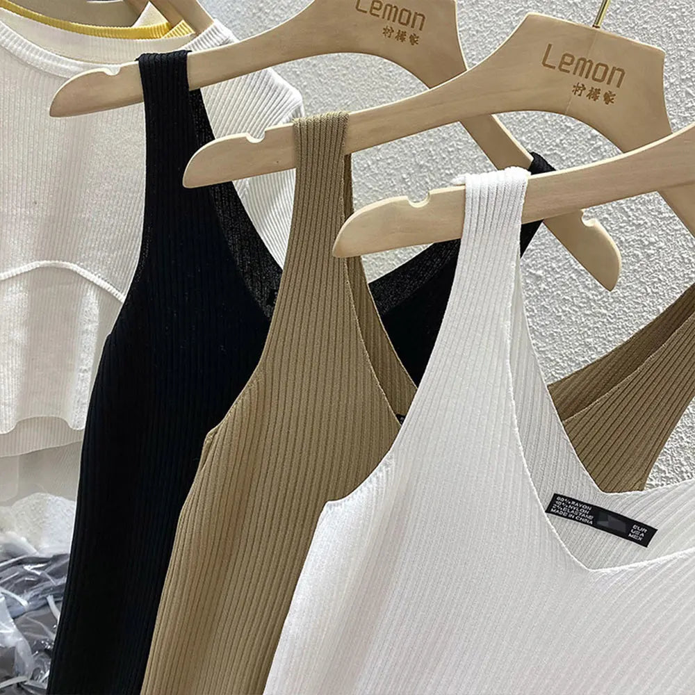 2026 Fashion Women Camisole Ice Silk Knit Tank Top Slim Fit Sleeveless Base Top Solid Color V-Neck Crop Top Casual Base Shirts