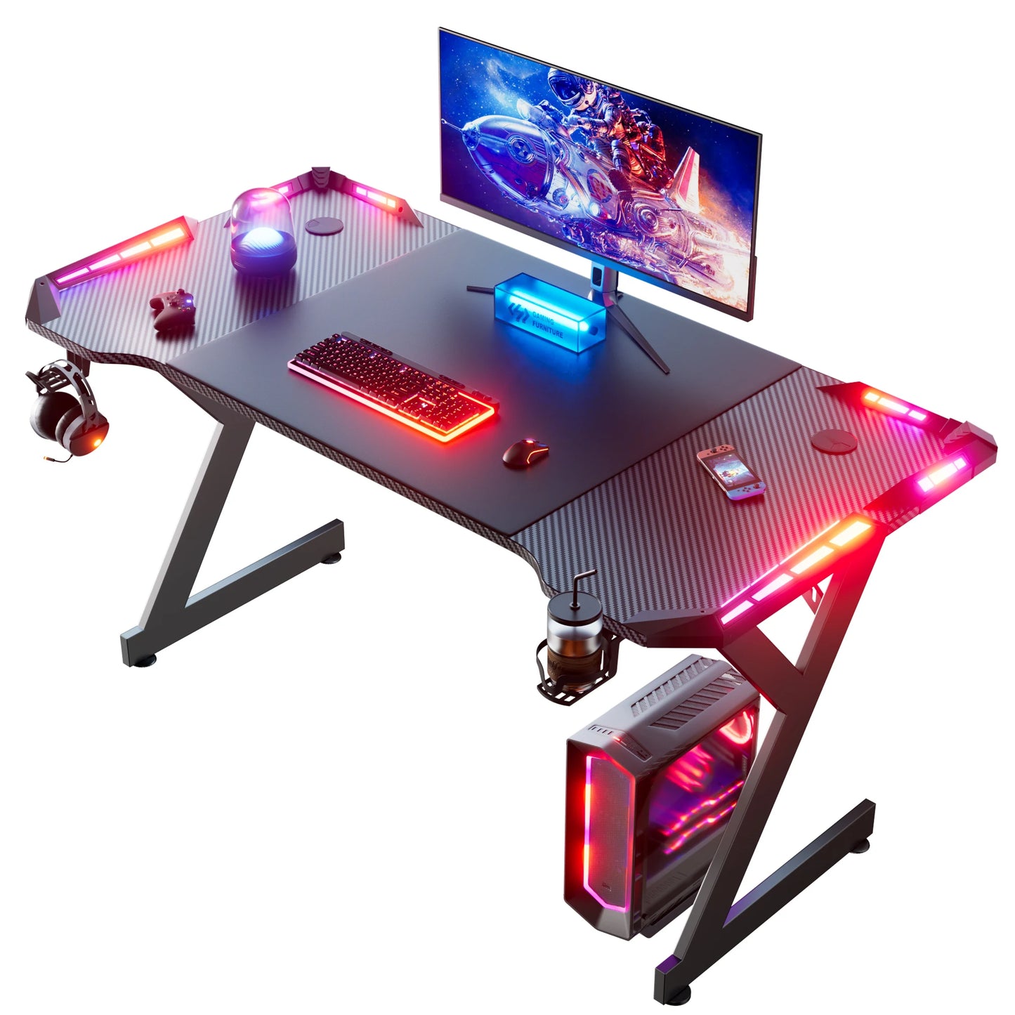 FRODROVIA Ergonomic Gaming Desk with RGB LED Lights Carbon-Fiber Surface PC Workstation Table with Headphone Hook And Cup Holder