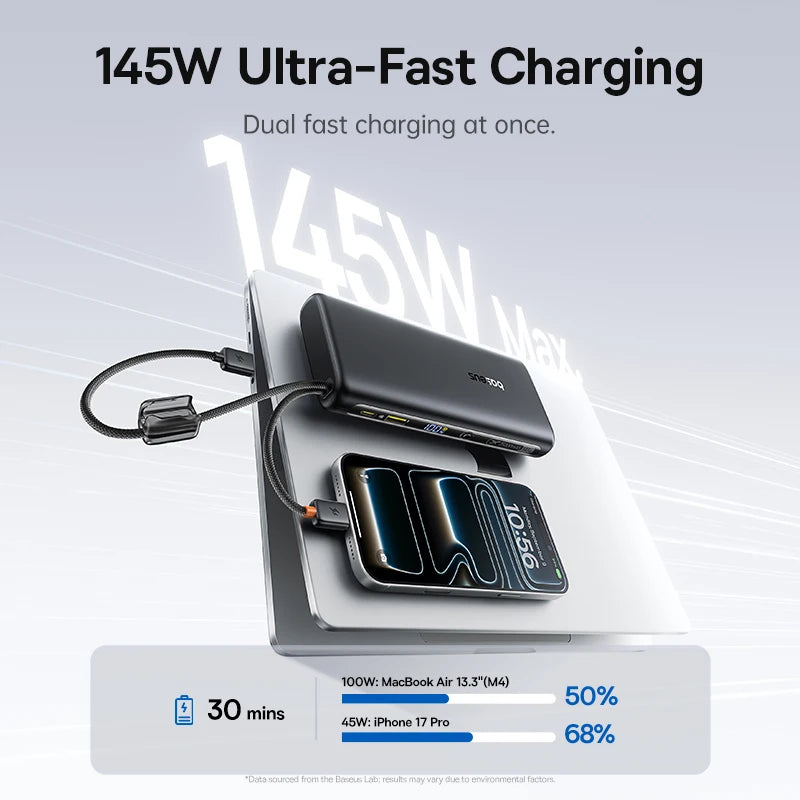 Baseus 145W Power Bank 25000mAh Fast Charging Built-In Type-C Cable Portable Battery Charger for iPhone Samsung MacBook Tablet