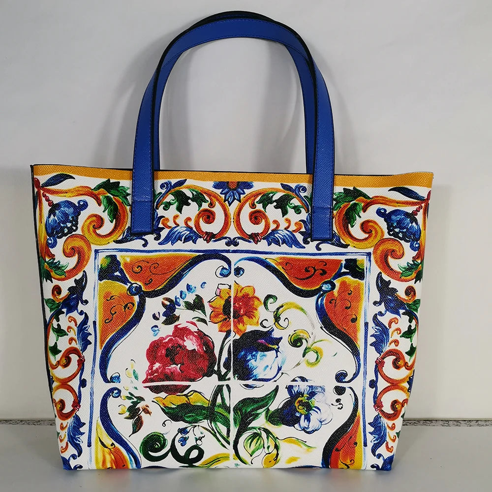 Italy Luxury Print Travel Shoulder Bag Floral Textured-Leather Shopper Tote large tote bag famous brand bag women girl handbag