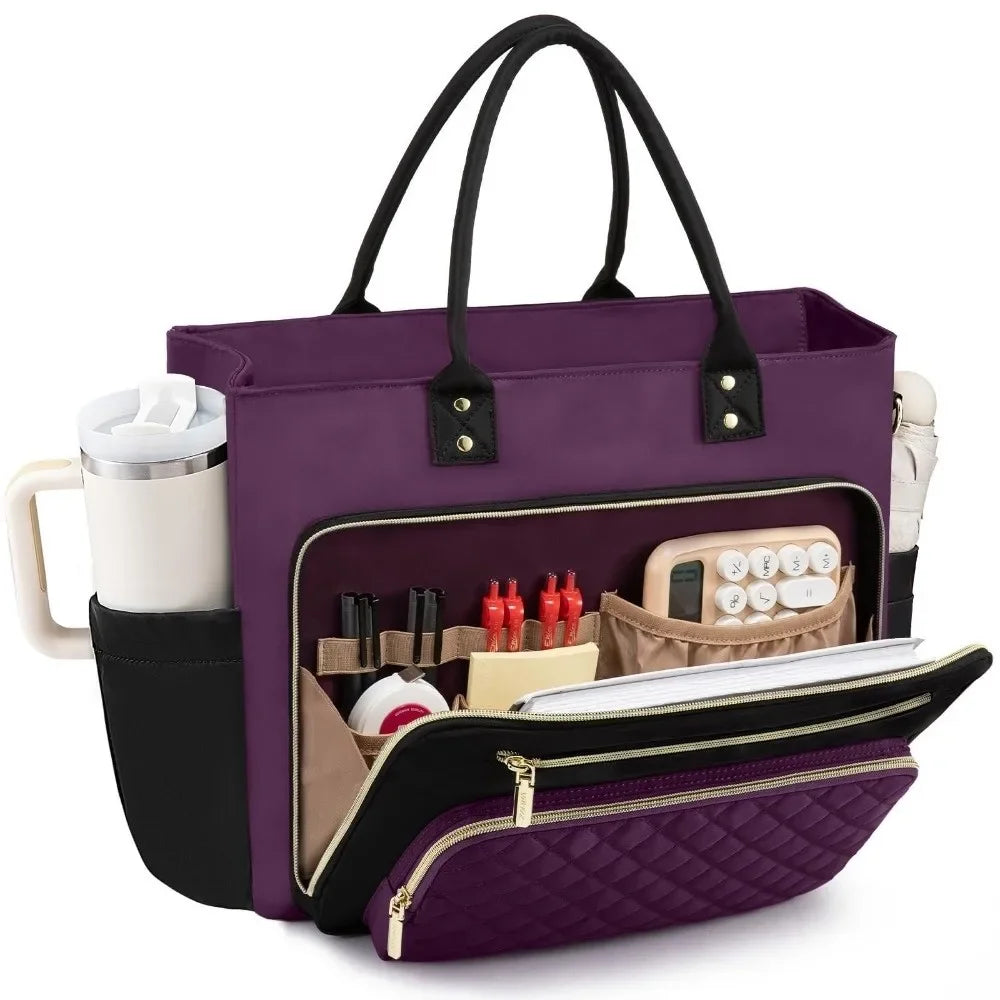 Large Capacity Tote Bag for Women Multi-Pocket Water-resistant Work Briefcase Professional Lightweight Quilted Shoulder Bag