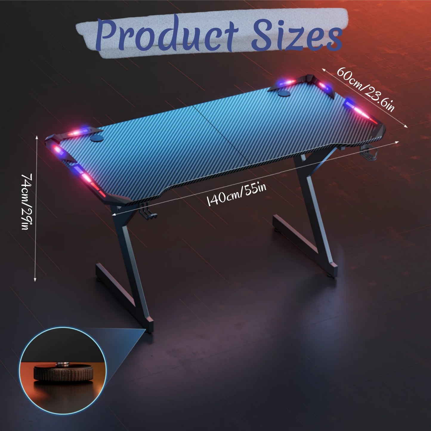 FRODROVIA Ergonomic Gaming Desk with RGB LED Lights Carbon-Fiber Surface PC Workstation Table with Headphone Hook And Cup Holder