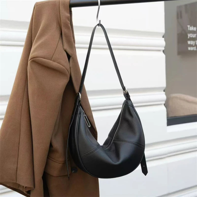 BURMINSA Soft Genuine Leather Crescent Hobo Bag For Women Slouchy Cowhide Shoulder Bag Retro Daily Work Crossbody Purse Handbags