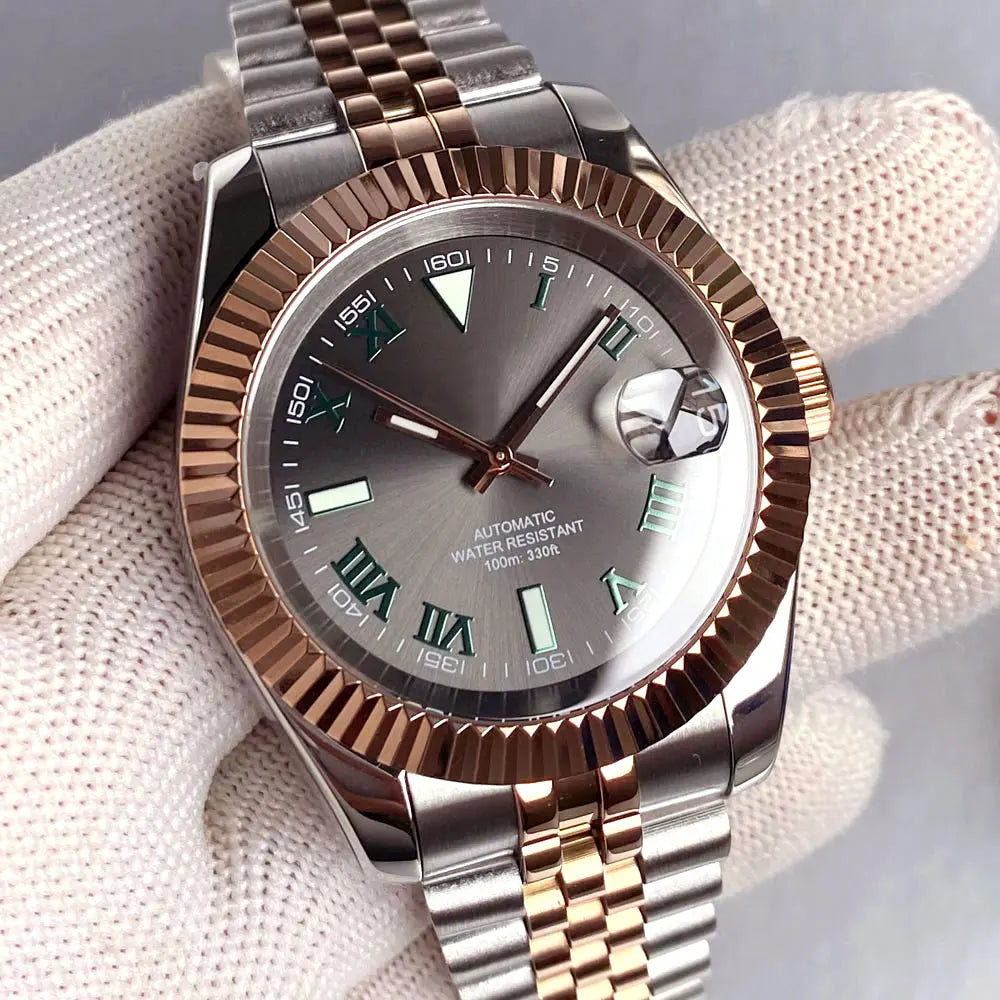 NEW Rose Gold 36mm 39mm Sunburst Grey Dial Dark Green Roman Numbers 200m Waterproof NH35 Automatic Men Watch Sapphire Glass