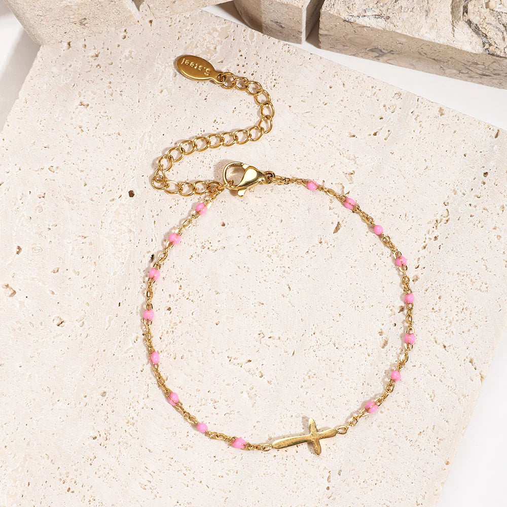 ZMZY Girls Boho Thin Chain Stainless Steel Bracelets For Women Gold Color Peach Pink Cross Charm Beautiful Gift