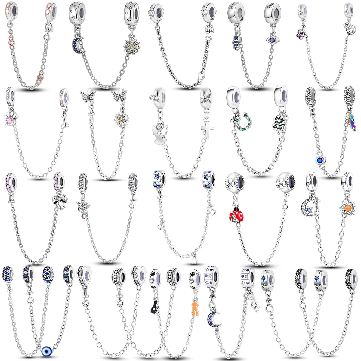 Silver Clasp 925 Sterling Silver CZ Pave Clip Charms Daisy Beads Stopper Safety Chain Fit Original Bangle Bracelet Jewelry Clips