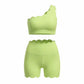 Women One Shoulder Scalloped Trim Sports Bra High Waist Scalloped Yoga Shorts 2 Pcs Workout Set Squat Proof Gym Pilates Outfit