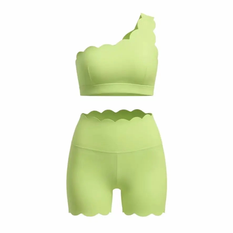 Women One Shoulder Scalloped Trim Sports Bra High Waist Scalloped Yoga Shorts 2 Pcs Workout Set Squat Proof Gym Pilates Outfit