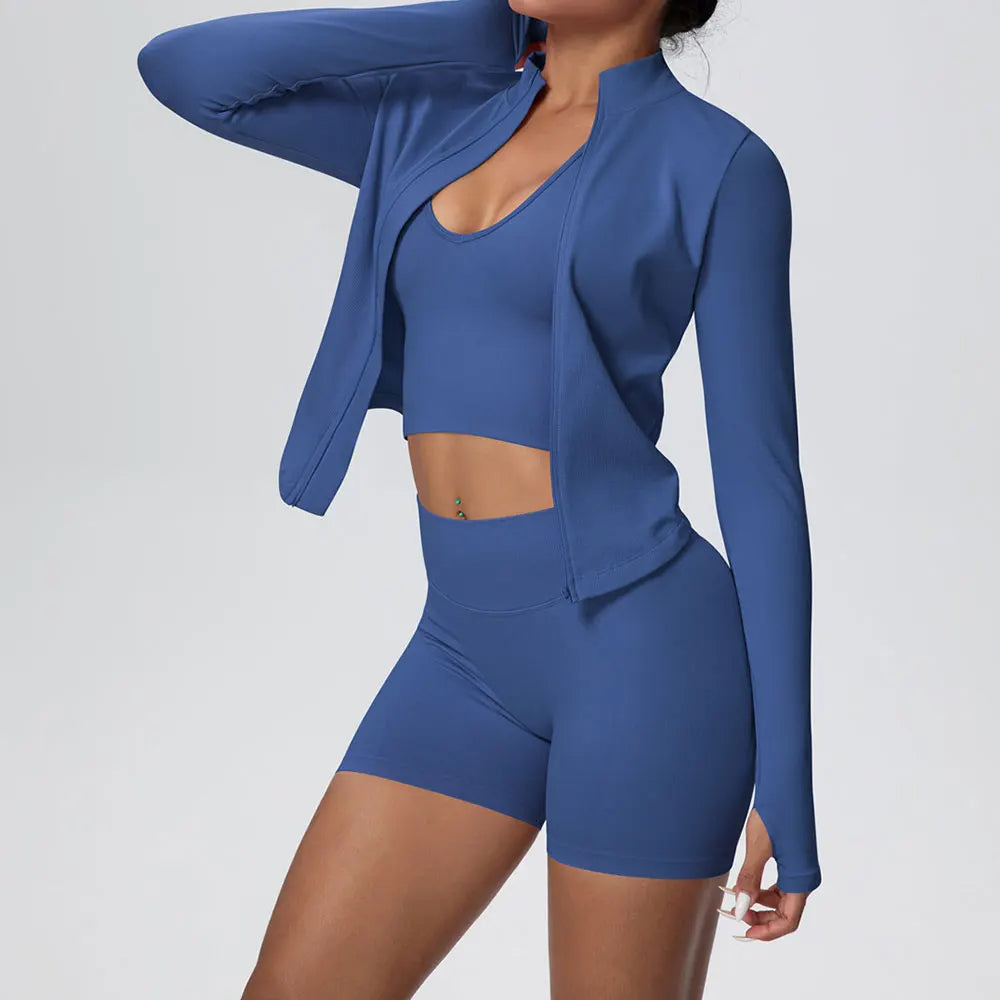 Women Seamless Sportswear Yoga Set 3PCS Workout Clothes Sports Gym Legging Shockproof Fitness Bra Crop Top Long Sleeve Yoga Suit