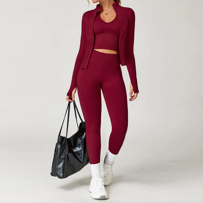 Seamless Yoga Set 3PCS Women Sportswear Workout Clothes Athletic Wear Gym Legging Fitness Bra Crop Top Long Sleeve Sports Suits