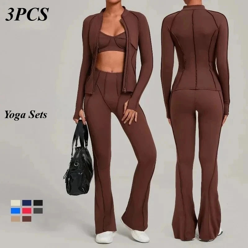 3PCS Women's Seamless Yoga Sets Sports Jackets Bra Flared-pants Suits Slim Fit Hip-Lifting Tracksuits Fitness Gym Workout Sets