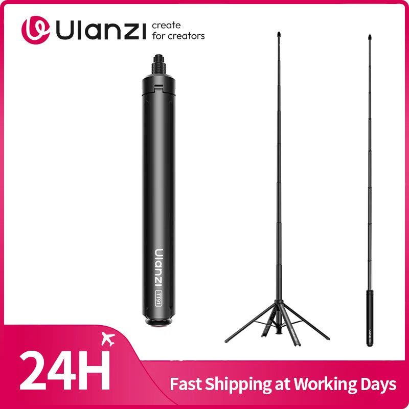 Ulanzi TT91 Auto-Open Extension Pole Selfie Stick Ground Tripod with 1/4'' Mount for Action Camera for Insta 360 for Vlog Video