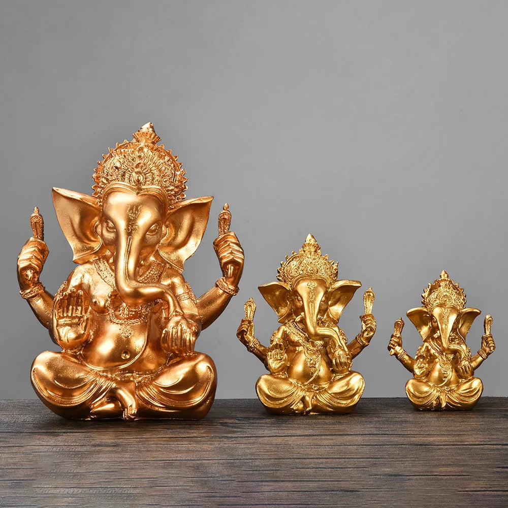 Hindu Ganesha Buddha Elephant Statue Golden Sandstone Ganesha Figurine Tabletop Decoration Ornament Elephant Figurine Home Decor