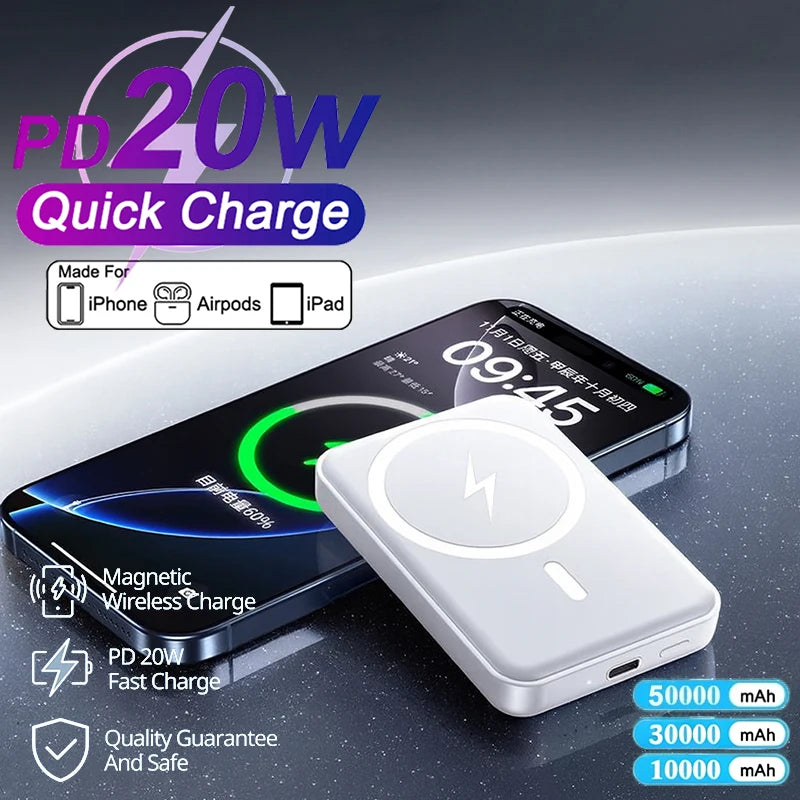 50000mah Wireless Magnetic Power Bank Pd 22.5w Portable Fast Charging External Spare Battery Pack For iphone Samsung Xiaomi