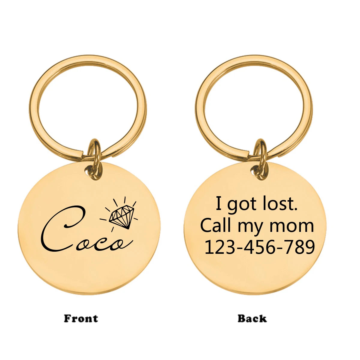 Customized pet nameplate with circular stainless steel text, digital engraved dog and cat collar ID tag, name, phone number,