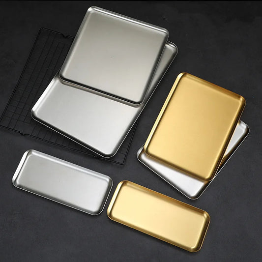 Rectangular stainless-steel serving tray for barbecue, snacks and desserts