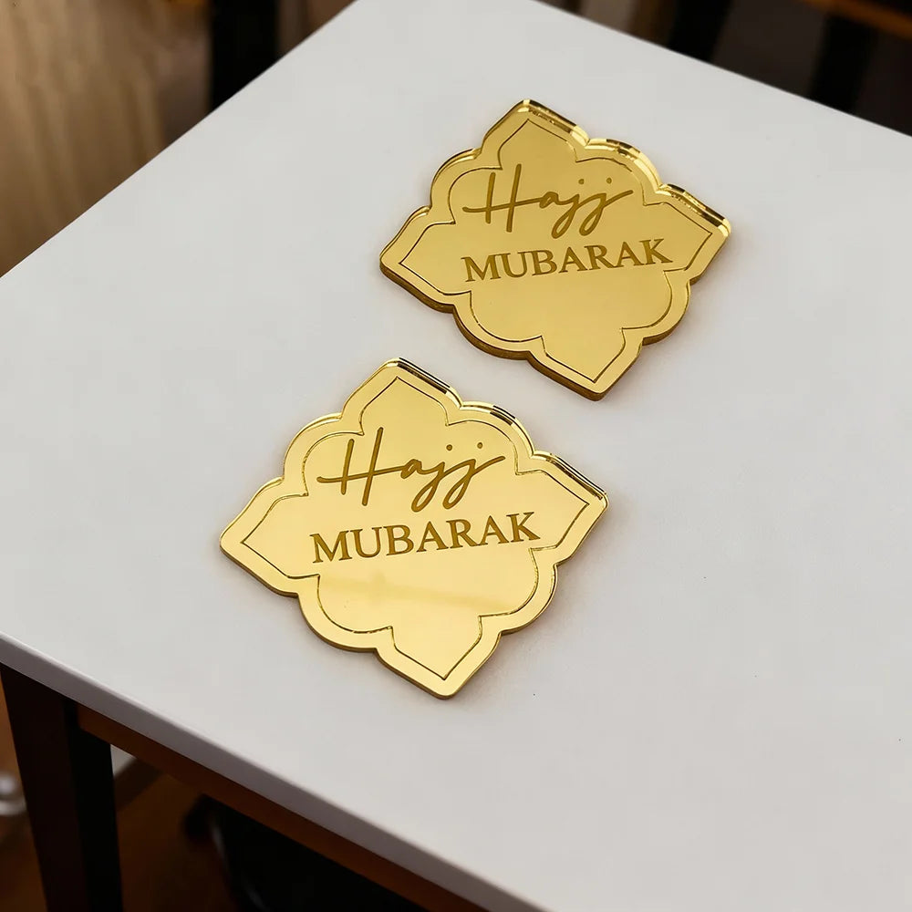 10pcs Hajj Mubarak Engraved Acrylic Cake Charm Mirrored Acrylic Cupcake Topper for Muslim Islamic Eid Al Adha Dinner Table Decor