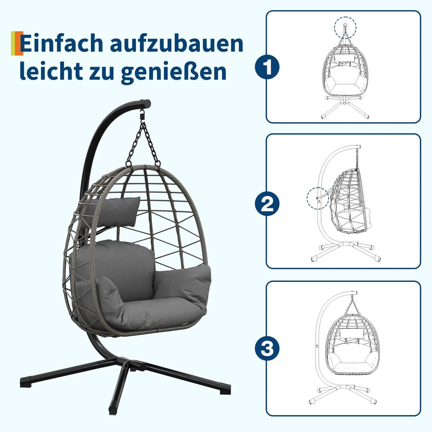 Foldable Rattan Swing Egg Chair With Metal Stand Indoor Outdoor Hanging Hammock Chair Weatherproof Patio Garden Furniture
