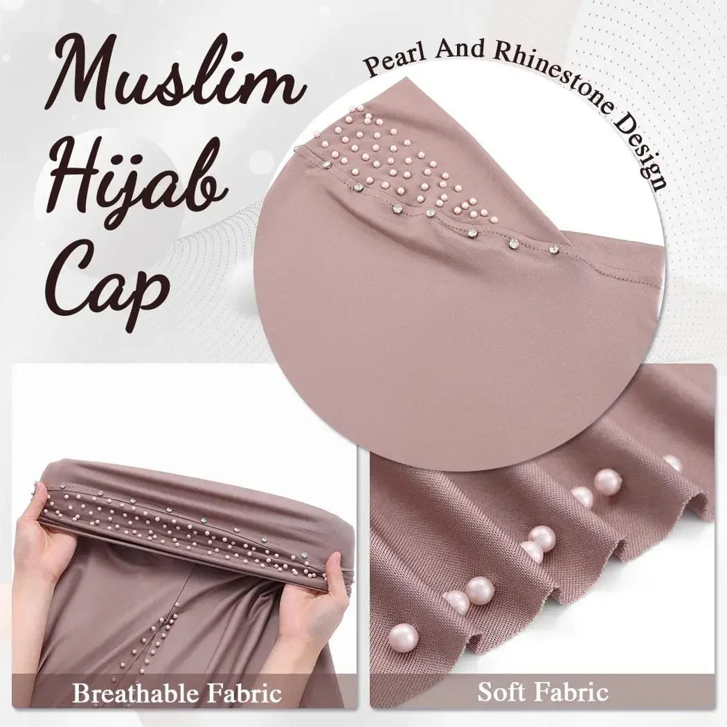 Convenient Instant Hijab Pullover Beaded Scarf Malay Shawl Women's Solid Color Headscarf (One Cap Gift)
