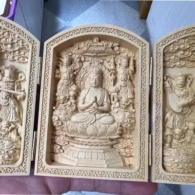 Solid Wood Carving Three Open Buddha Statue, Collapsible Sculpture, Living Room and Bedroom Decoration, Modern Art
