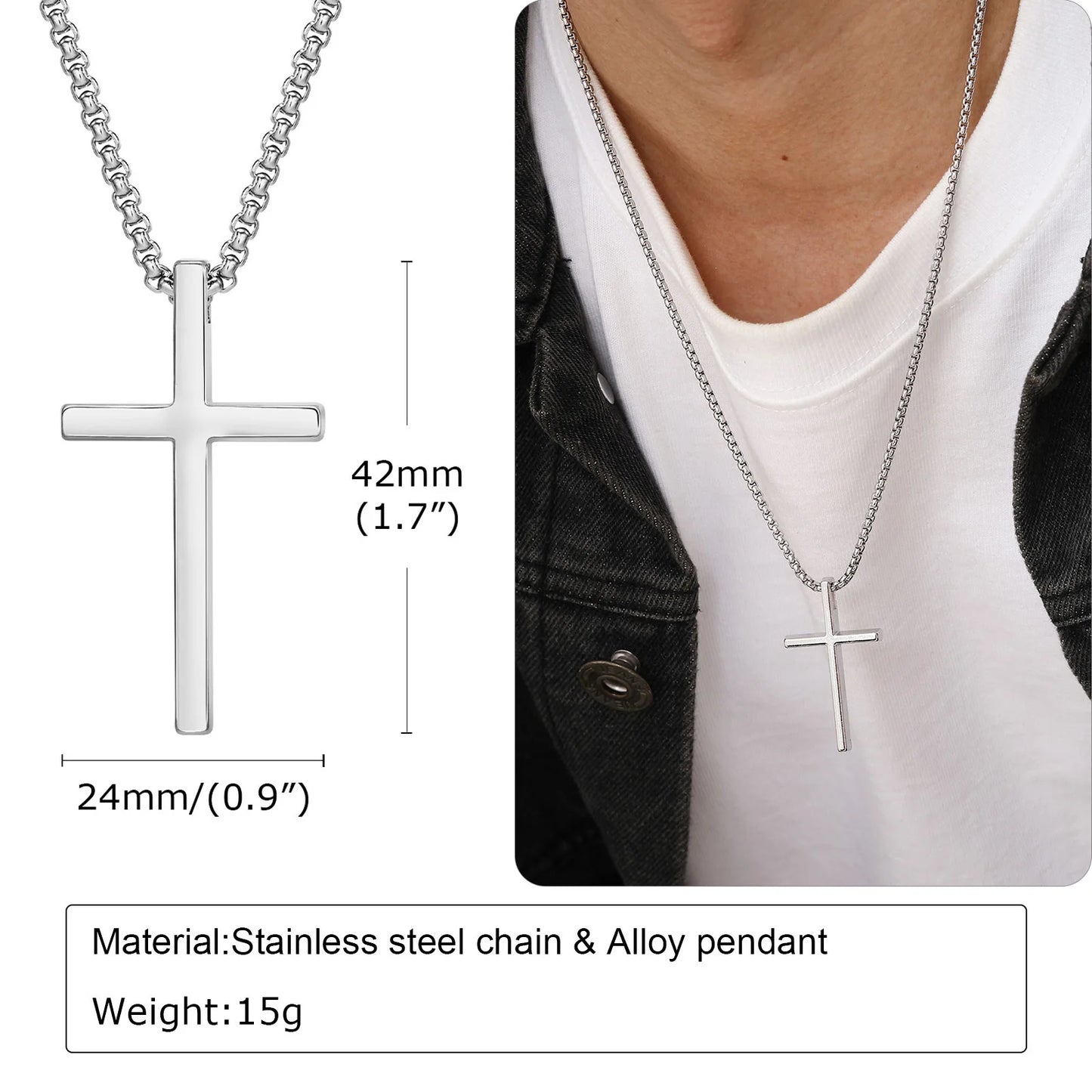 Vnox Cross Necklace for Men Women, Silver Color Plain Alloy Metal Cross Pendant Collar with Stainless Steel Box Chain