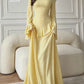 Cream-Colored Round-Neck, Flared Long-Sleeve, Ruffled Waist, Slim-Fit Chiffon Long Dress, Gentle and Modest Wedding Muslim Banquet Evening Gown