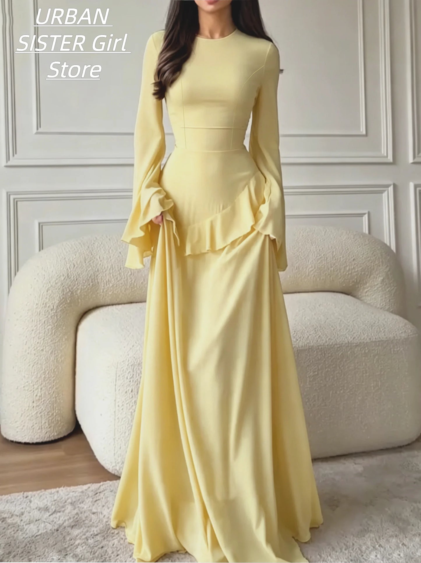 Cream-Colored Round-Neck, Flared Long-Sleeve, Ruffled Waist, Slim-Fit Chiffon Long Dress, Gentle and Modest Wedding Muslim Banquet Evening Gown