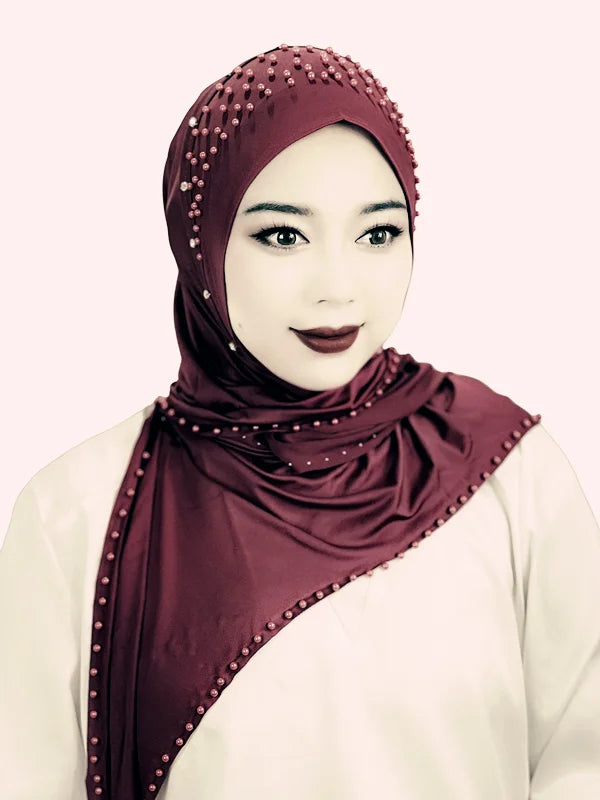 Convenient Instant Hijab Pullover Beaded Scarf Malay Shawl Women's Solid Color Headscarf (One Cap Gift)